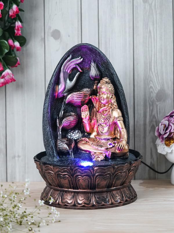 Image of Golden and Grey Polyresin Tabletop Lord Shiva Showing Mudra 3 Step Indoor Water Fountain for Home Decor with Multicolour LED Light & Control Pump (Size: 27 x 27 x 39CM | Wt: 2140Gram)