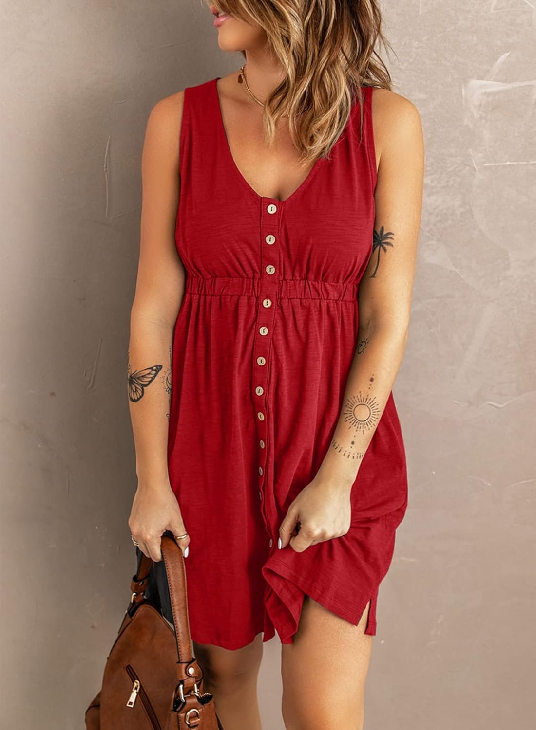 BLENCOT Women's Summer Sleeveless T Shirt Dress V Neck Button Front Midi Dress Bright Red M - Image 2