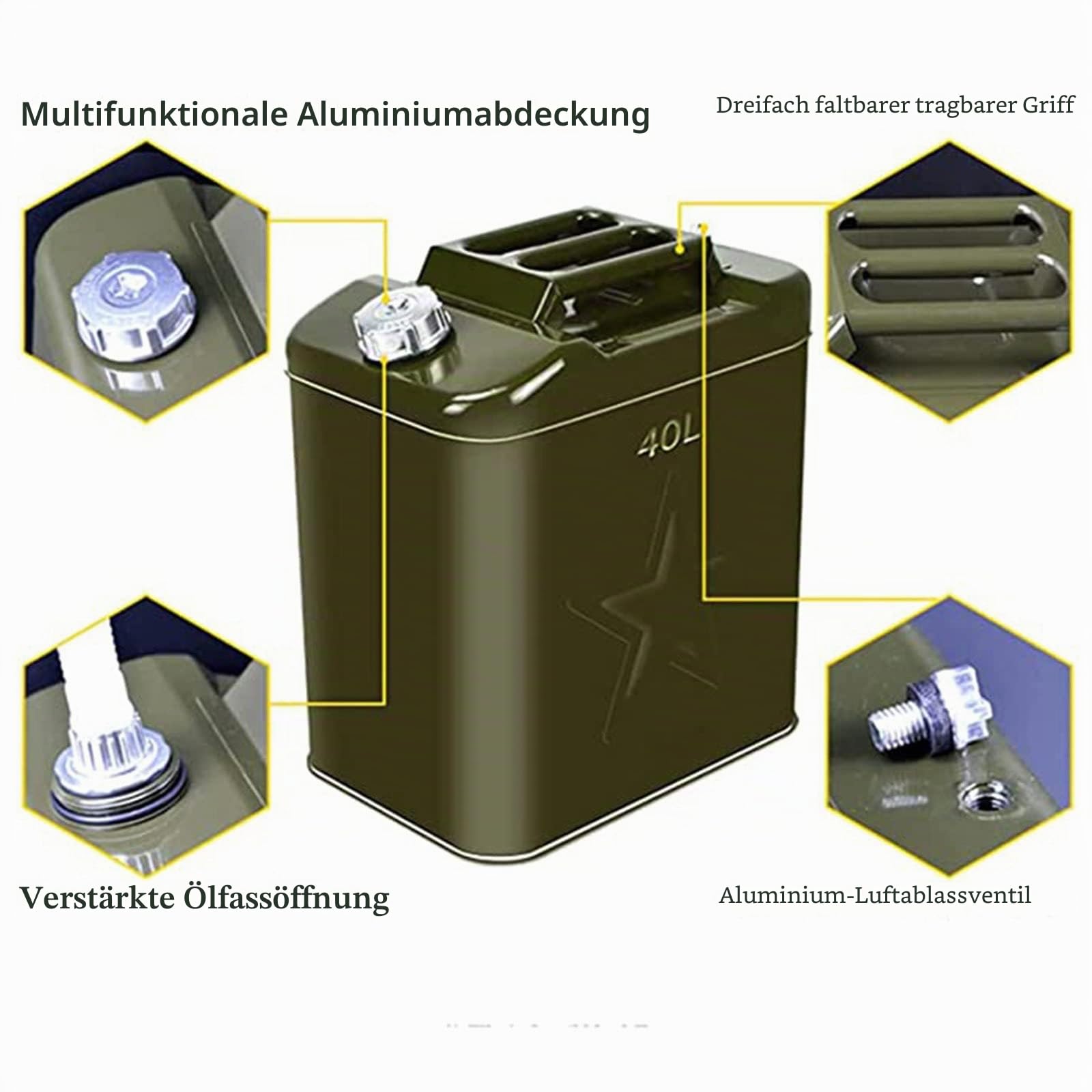 10l, 20l, 25l, 30l, 35l,40l, 50l, 60l Benzinkanister Metall Verdicktem, Tragbarer Kraftstoff Kanister, Transport/lagerung/Reisen/Camping/benzindiesel,10L