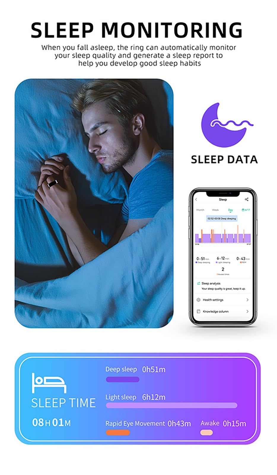 Smart Ring Gezondheidsmeter Ring met oplaadkabel IP68 Waterdichte fitnessmeter Hartslag Bloedzuurstof Slaapmeter Compatibel met Android en iOS(Silver,11
