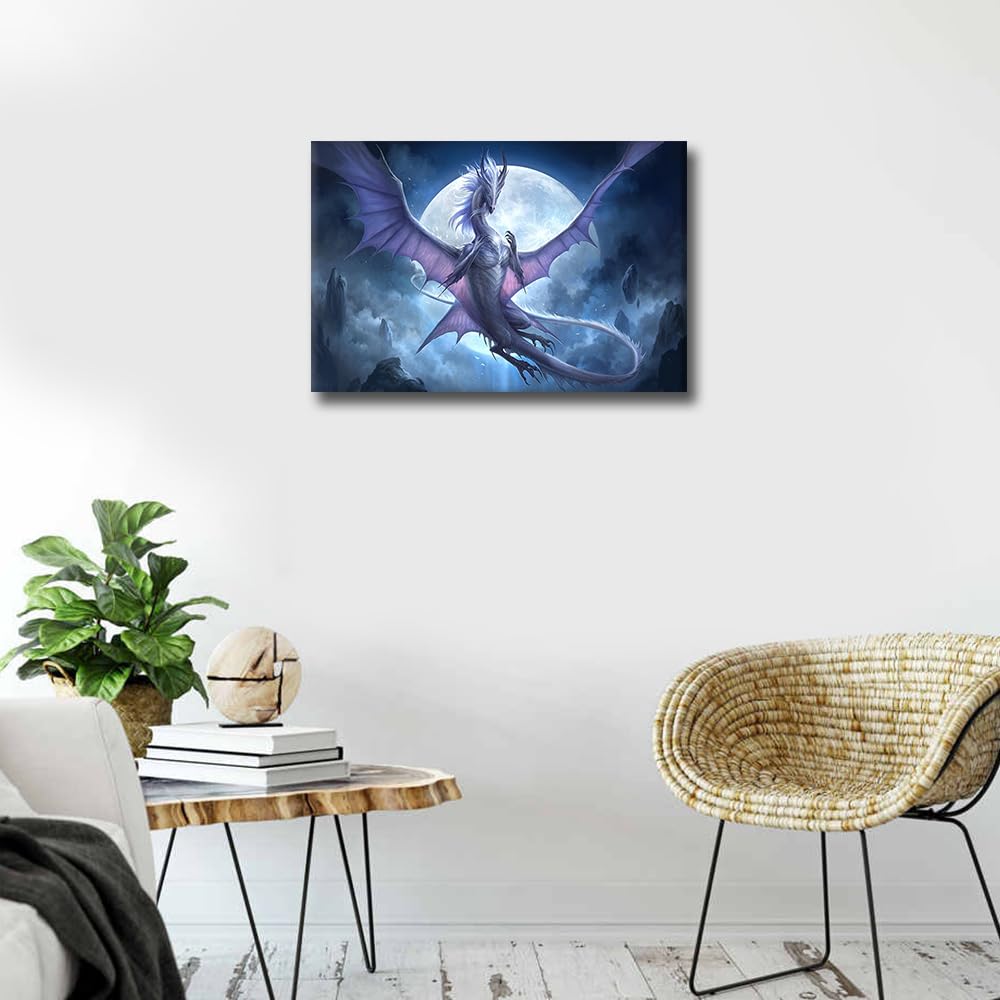 TISHIRON Dragon Poster Wall Decor Green Dragon Paintings on Canvas 1 Pcs Fantasy Animals Artwork Home Psychedelic Room Home Decor for Living Room Framed Ready to Hang Posters and Prints 18x12in - Image 2