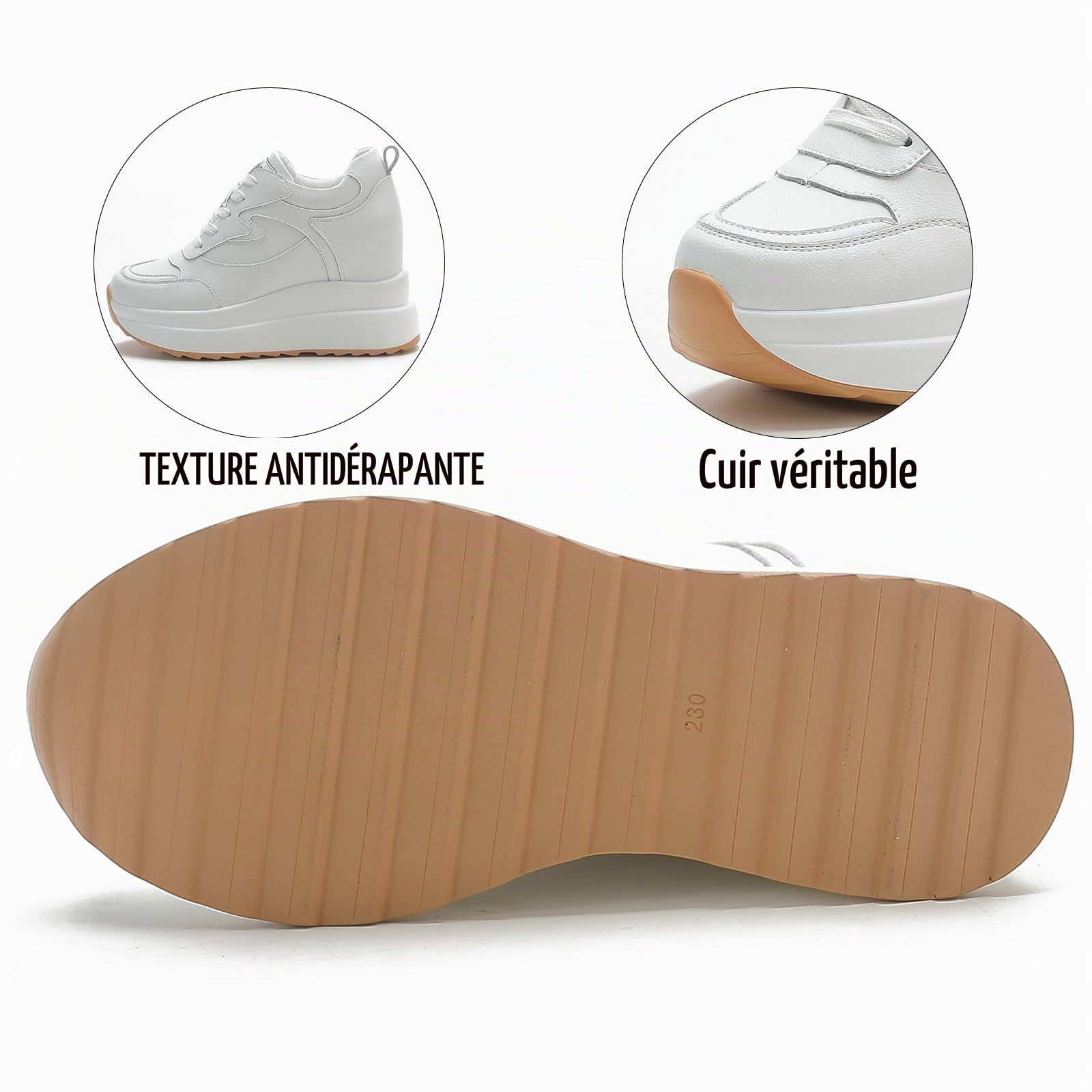 AONEGOLD Baskets Talon Compensées Femme Plateforme Chaussure de Sport Casual À Lacets Baskets Cuir Mode Chaussures Talon de 10 cm à L'intérieur Hausse