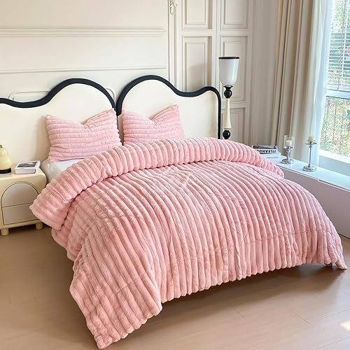 chovy Juego de edredón de felpa de pelo rosa a rayas de conejo sintético, tamaño individual, ultra suave, lanudo terciopelo de franela esponjoso, disponible en Yaxa Venezuela