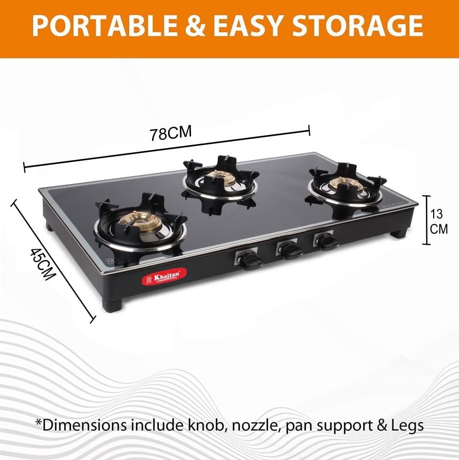 Khaitan 3 Burner Royal MS Black Toughened Glass LPG Gas Cooktop, Manual