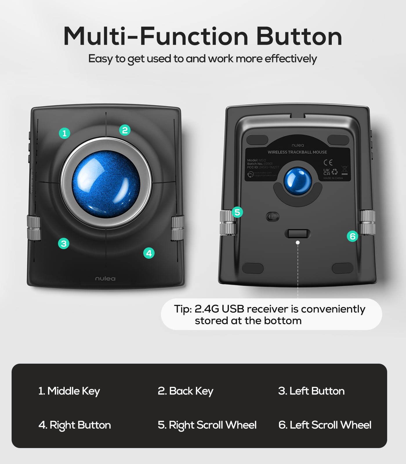 Nulea M512 Wireless Trackball Mouse, Ergonomischer 55mm Trackball, einstellbare DPI für präzise Steuerung, Links- oder Rechtshänder kompatibel Blau
