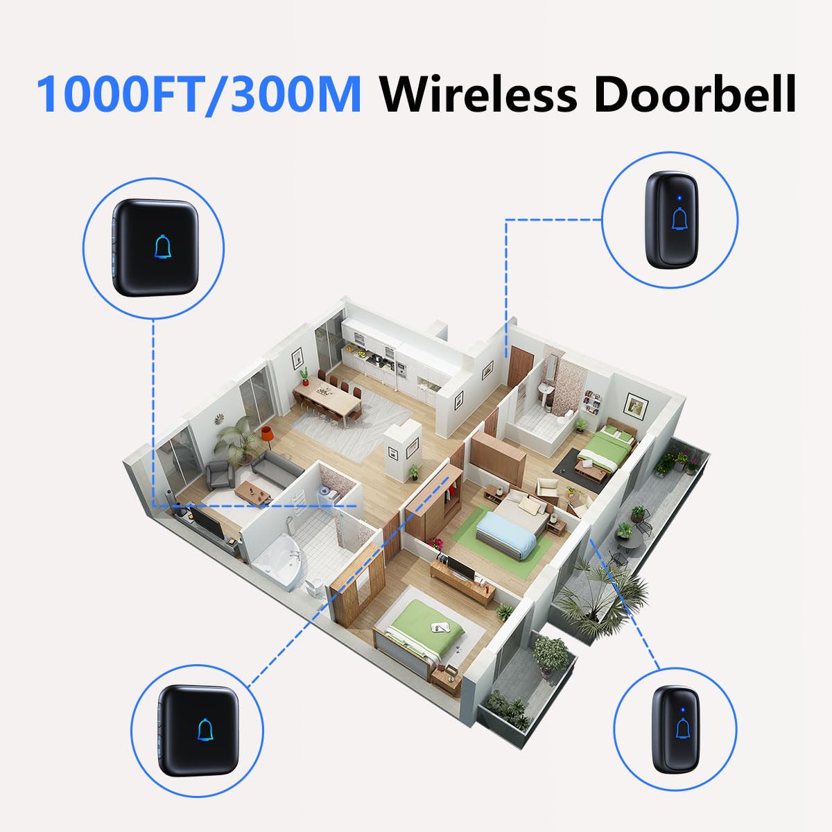Timbre inalámbrico IP66 impermeable de 1000 pies con 56 campanillas de 115 dB, 7 niveles de volumen, modo de silencio con flash LED, timbre inalámbrico para habitación de niños, maestros, aula,