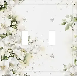 Decorative Switch Plate Covers Rustic Ink Green Leaves White Florals Flower 2 Gang Light Switch Cover Plate Unique Double Toggle Wall Plate Light Switch Covers for Bedroom Decor
