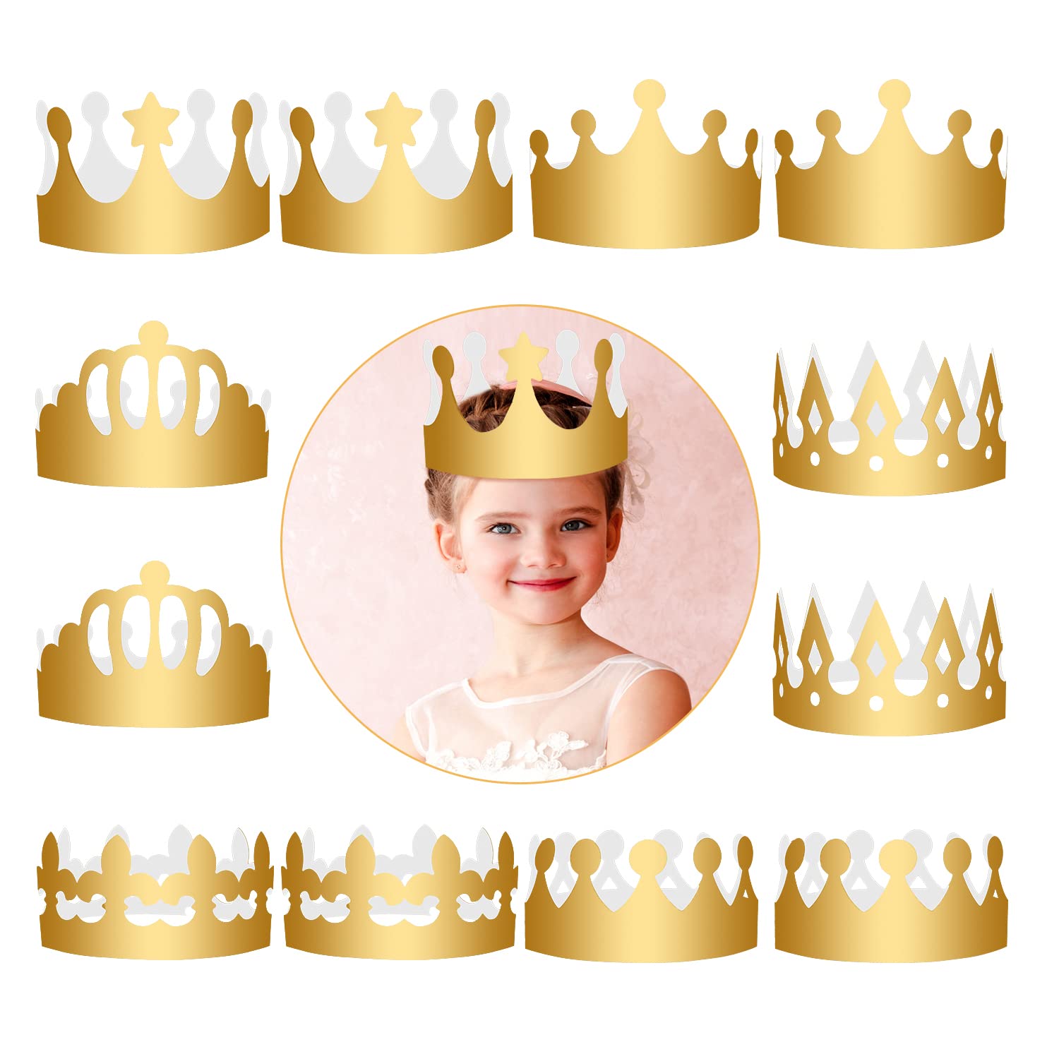Aohcae Gold Crown Set - 12 PCS, 6 Styles Adjustable Plastic and Paper King Crowns for Kids and Adults, Birthday Party Celebration, Cardboard Templates to Decorate