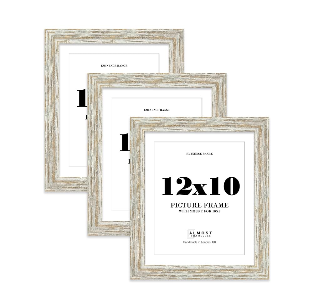 12x10" Distressed White Oak Picture Frame with 10x8" Mount - Aged Photo Frame with Distressed Finish, Wall Hooks and Kickstand, 32mm Edge - 3 Pack โ image 1
