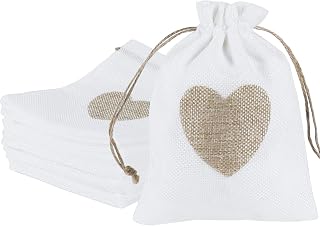 20 Pieces Burlap Bags, 5x7 Inch Drawstring Gift Bags with Heart Hessian Jute Jewelry Candy Pouches for Wedding, Baby Shower and Christmas Party Favors DIY Craft (White)
