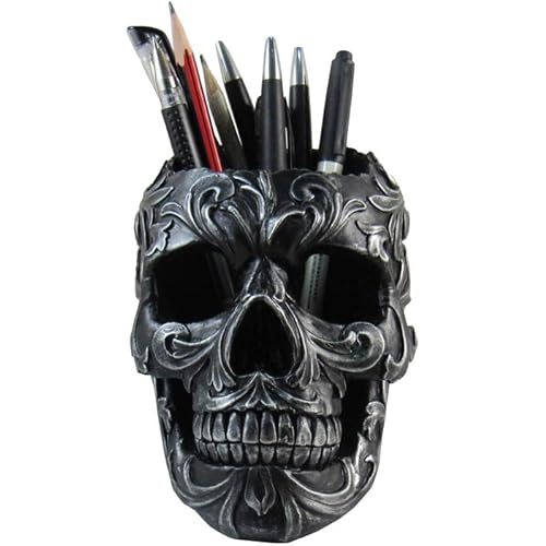 DWK Skull Victorian Gothic Decorative Pen Holder | Goth Office Supplies and Black Desk Organizers and Accessories | Gothic Halloween Desk Decorations - 5"