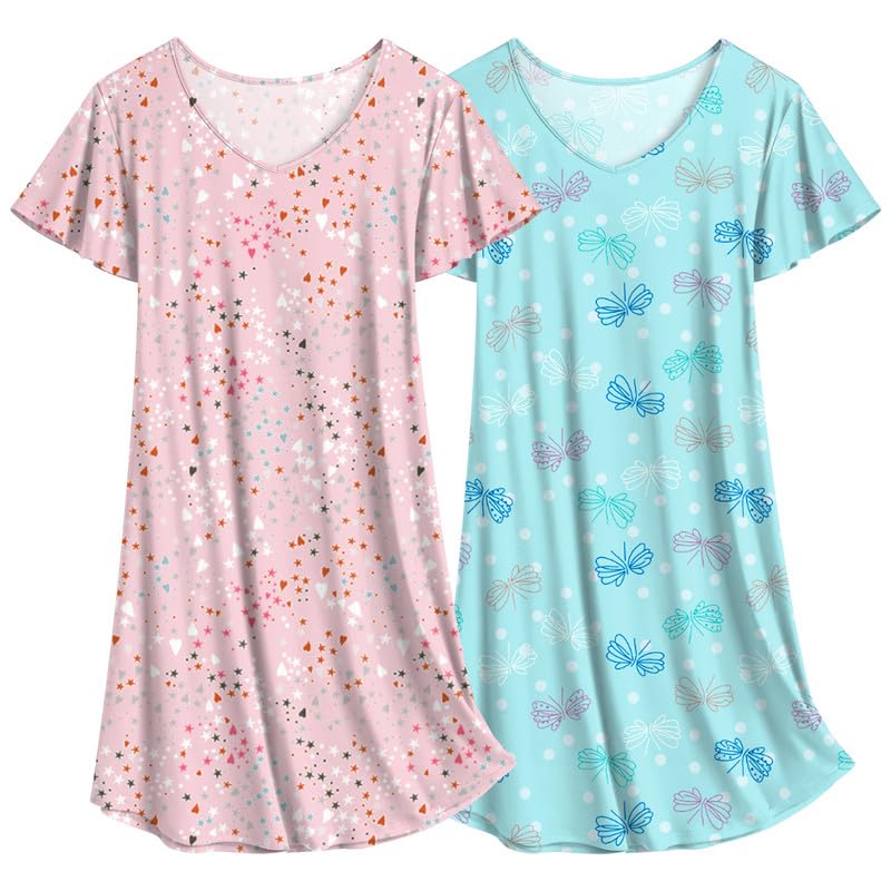 Image of Ekouaer 2 Pack Nightgowns for Women Short Sleeve Nightshirt Soft Sleepdress