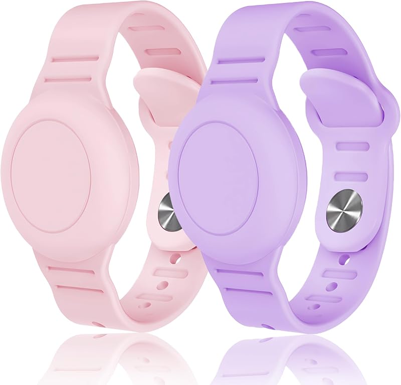 Pulseira de silicone para crianças compatível com Apple AirTag, suporte protetor ajustável à prova d’água, rosa e roxo