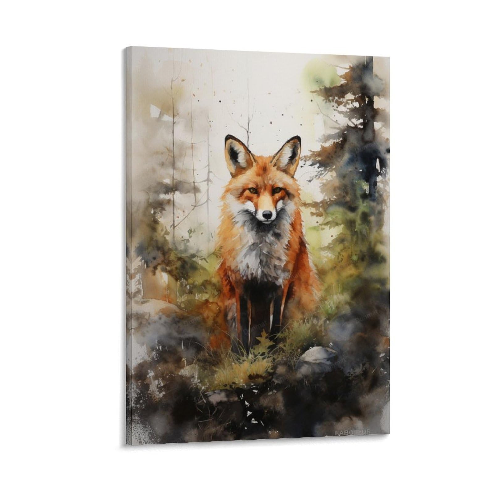 FYFMUSHE Rustic Wild Fox Canvas Wall Art Prints Woods View Red Animal Watercolor Painting Art Poster Framed Artwork for Home Bedroom Living Room Office Wall Decor