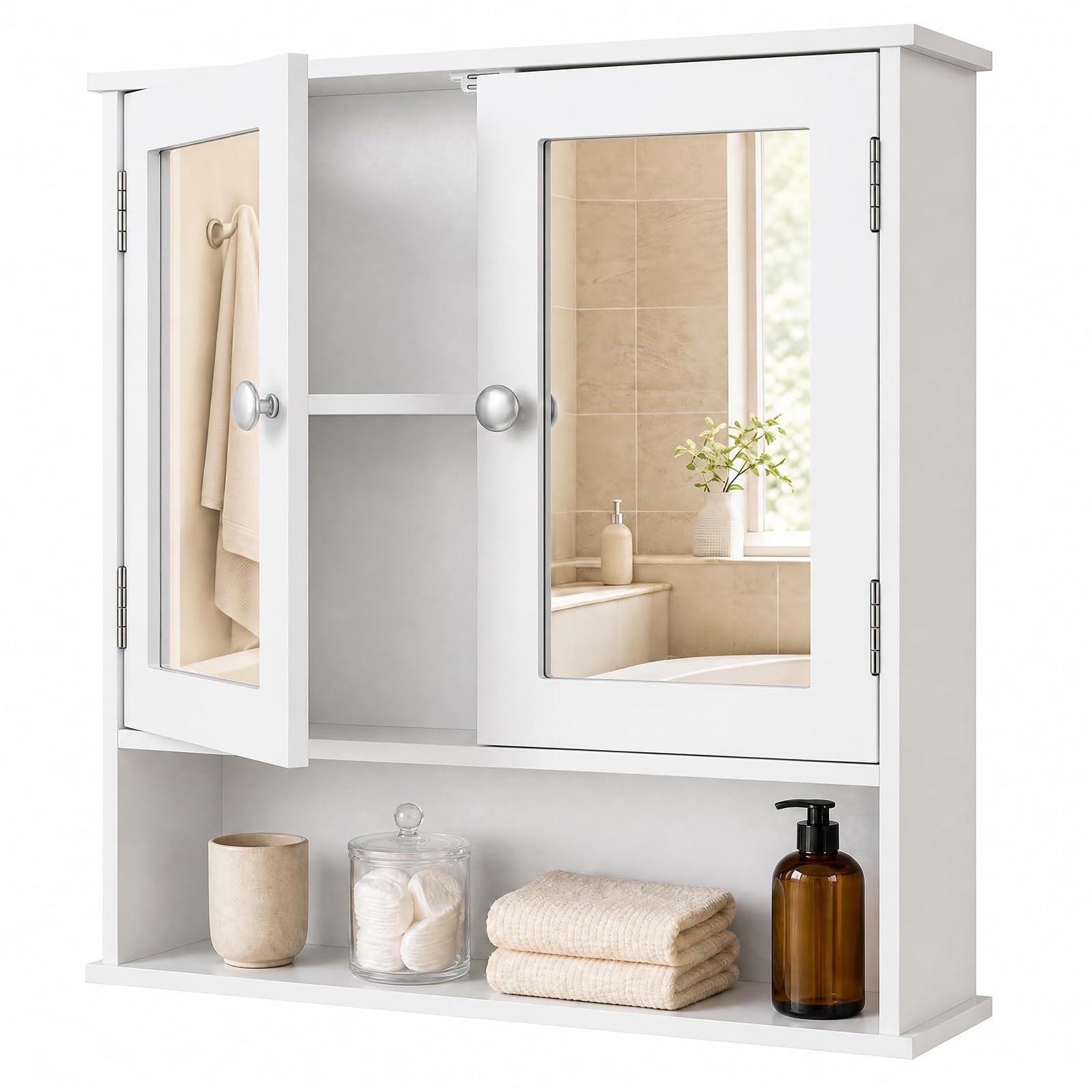 GIANTEX Moderno Armadietto da Bagno con Specchio (Bianco) | Mensola Regolabile e Scomparto Aperto, Mobile Salvaspazio per Bagno, Soggiorno, Ingresso