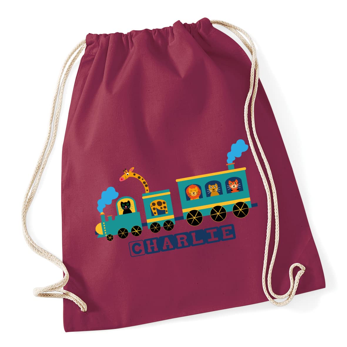 Hippowarehouse PERSONALISED train safari Drawstring Cotton School Gym Bag 37cm x 46cm, 12 litres