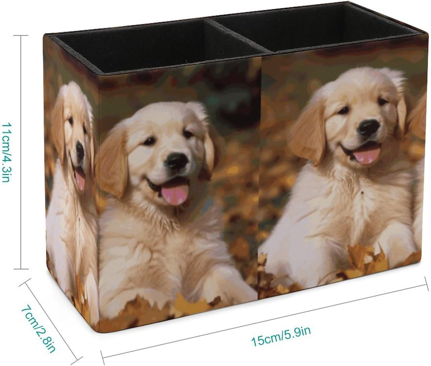 Leather Pen Holder for Desk Organizer Golden Retriever Dogs Puppies Pets Pencil Holder 2 Slots Cute Pencil Cup Decorative Makeup Brush Holder Cup Office Pen Cup Desk Accessories Pen Organizer image 2