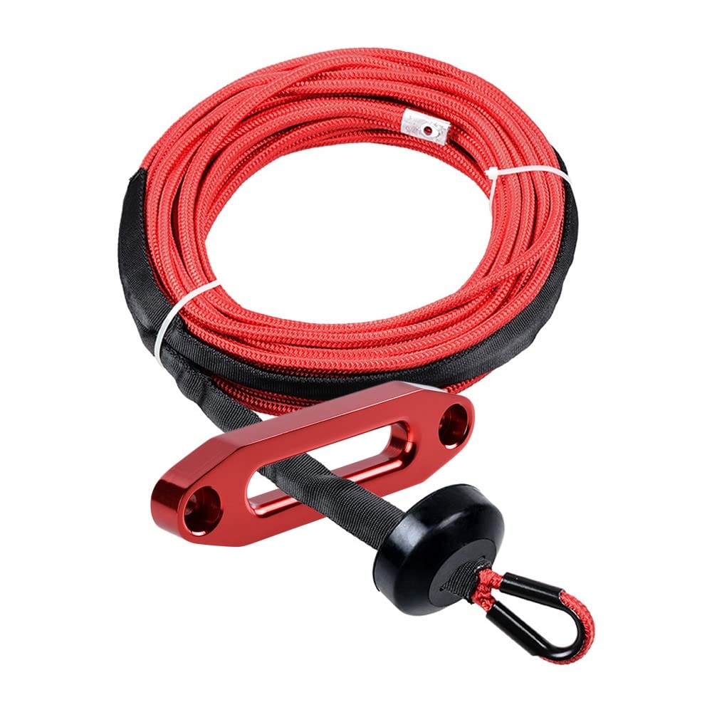 Astra Depot Red 50ft 1/4 inch 7000lbs Synthetic Winch Rope All Heat Rock Guard + Winch Stopper + Red Hawse Fairlead Car Truck ATV UTV Ramsey KFI