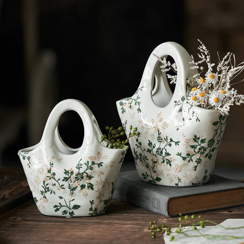 Small Green Purse Vase,Ceramic Chinoiserie Floral Vase,Vintage Green Vases Retro Ceramic Flower Vases for Home Decor, Living Room,Office,Chinoiserie Decor,B1