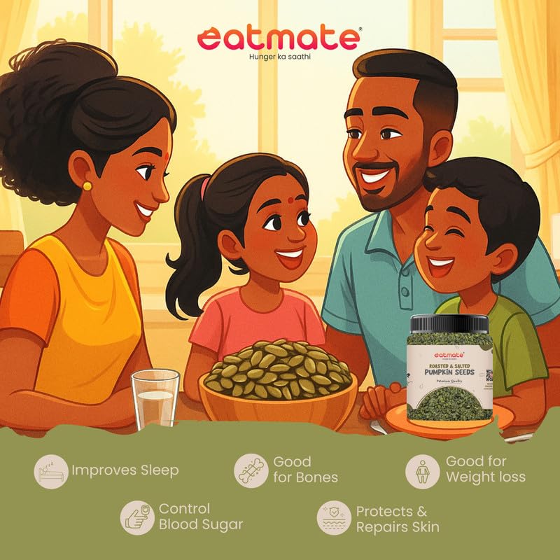 Image of Eatmate Roasted and Salted Pumpkin Seeds | High Fiber Vegetarian Crunchy Snack with Zinc and Magnesium | Natural Diet Protein Rich Seeds for Eating Fitness and Daily Nutrition Pack (500g)