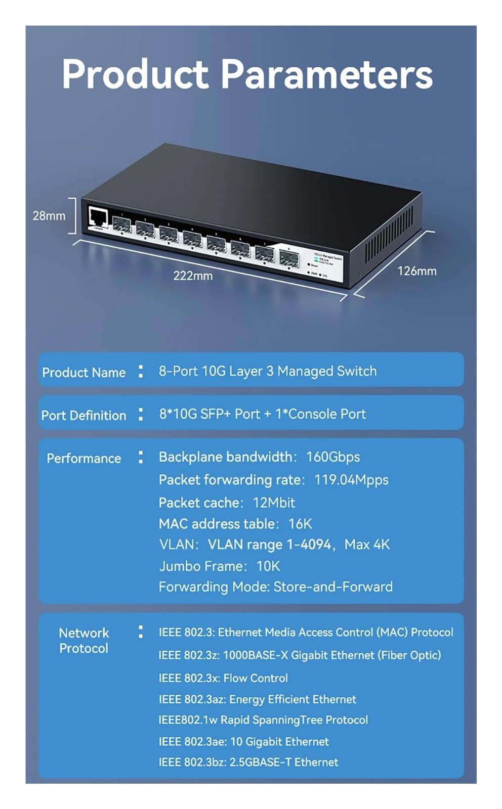Switch di Rete SF.p+ gestito L3 da 10 GB, Switch Ethernet gestito SF.p a 8 Porte 1G/2.5G/10G