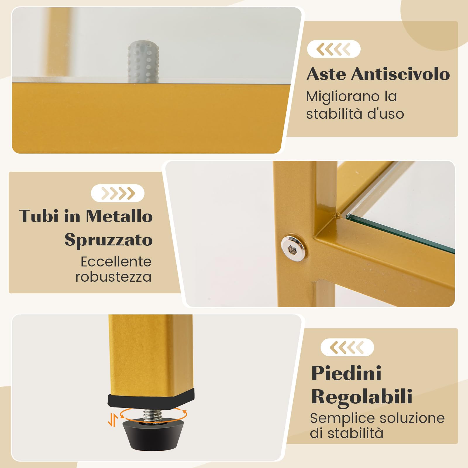 GYMAX Mobile Porta TV, Tavolo per TV fino a 65 Pollici, Supporto per TV con Ripiani in Vetro Temperato, Moderno per Ingresso, Soggiorno e Camera da Letto, 147 x 40 x 62 cm, Oro