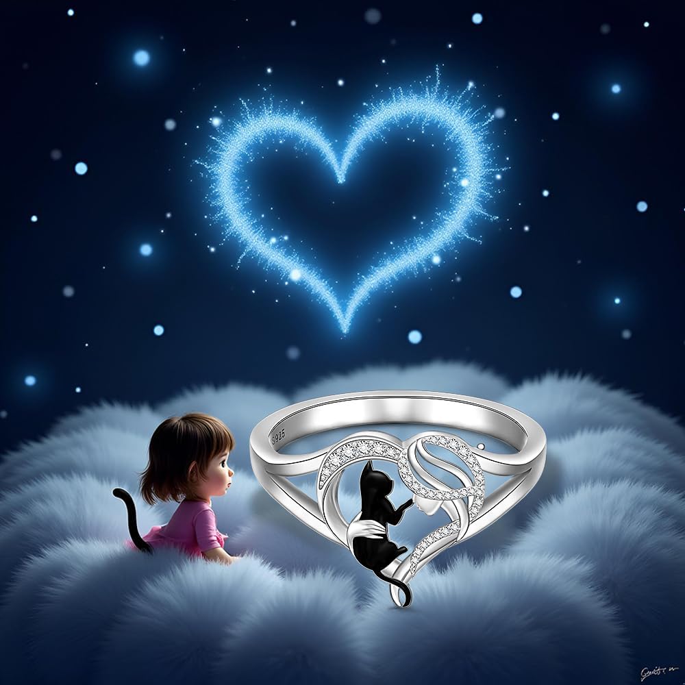 Fenthring Cat Ring Sterling Silver Heart Cat Rings for Women Animal Remembrance Christmas Gifts for Loss Lover Jewelry Size 7 8 9 - Image 5
