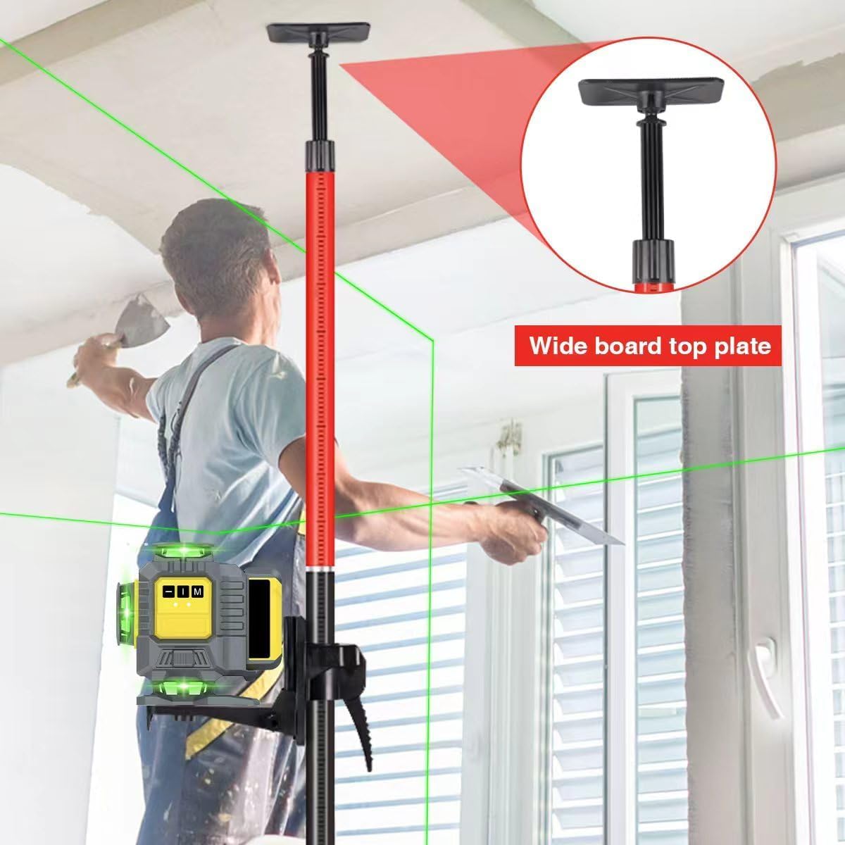 Barra di livellamento laser telescopica con treppiede estensibile fino a 4,2 m con supporto laser da 1/4" x 20", con dado adattatore 5/8"-11, rosso
