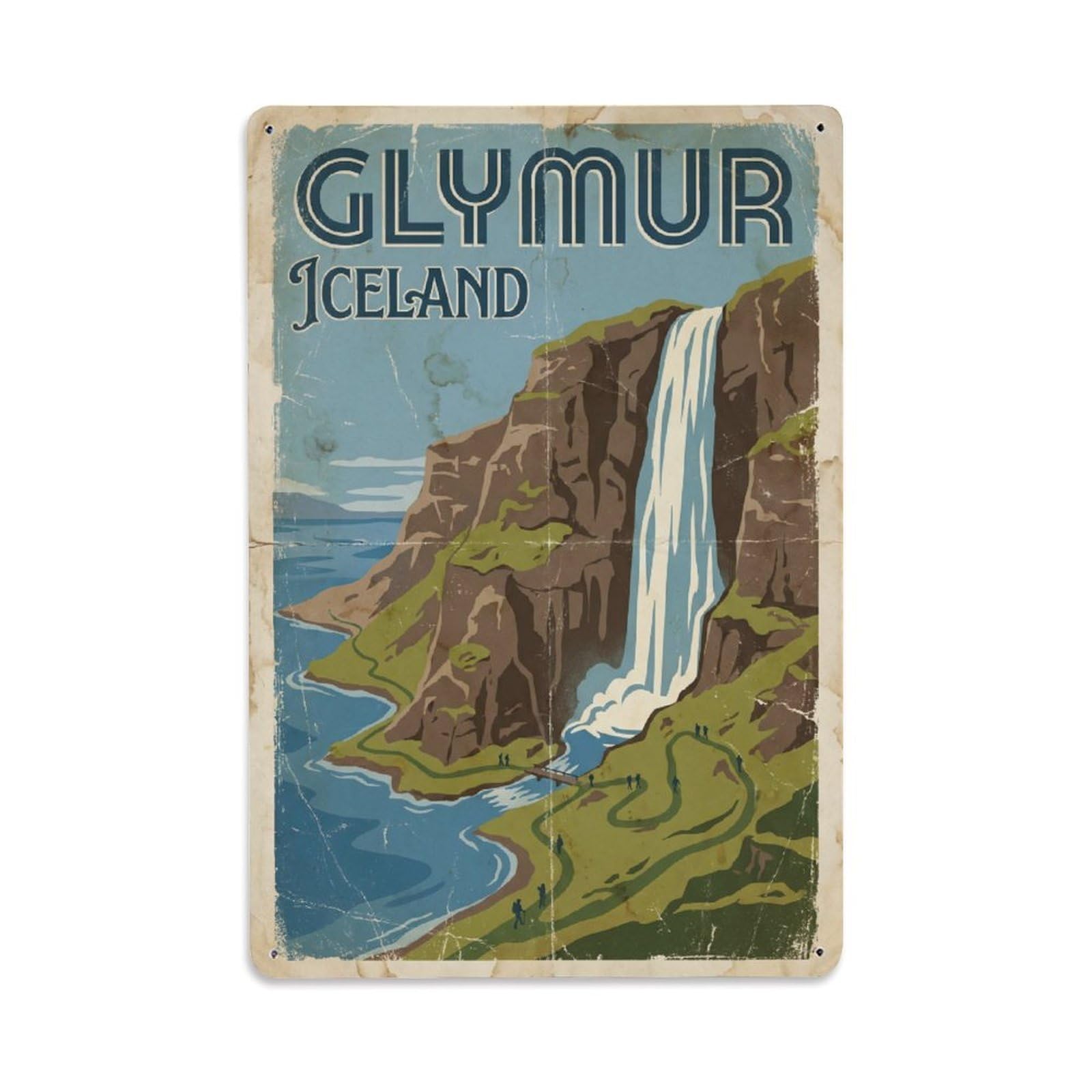 Vintage Travel Glymur Iceland Waterfall Metal Tin Sign