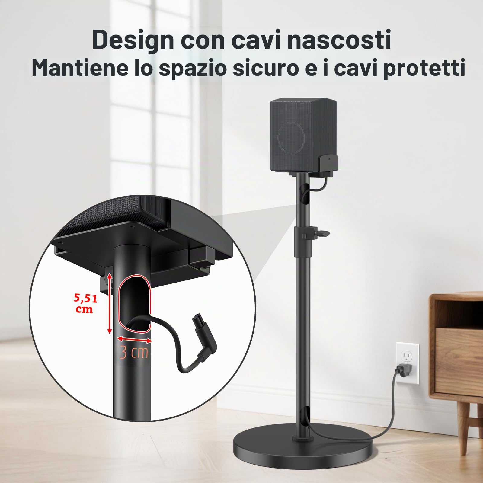 Supporto per altoparlanti regolabile in altezza fino a 95 cm – Base universale per Edifier, KRK, Klipsch, Polk, Yamaha, Sony – Robusto supporto per cassa Surround Sound con gestione dei cavi.