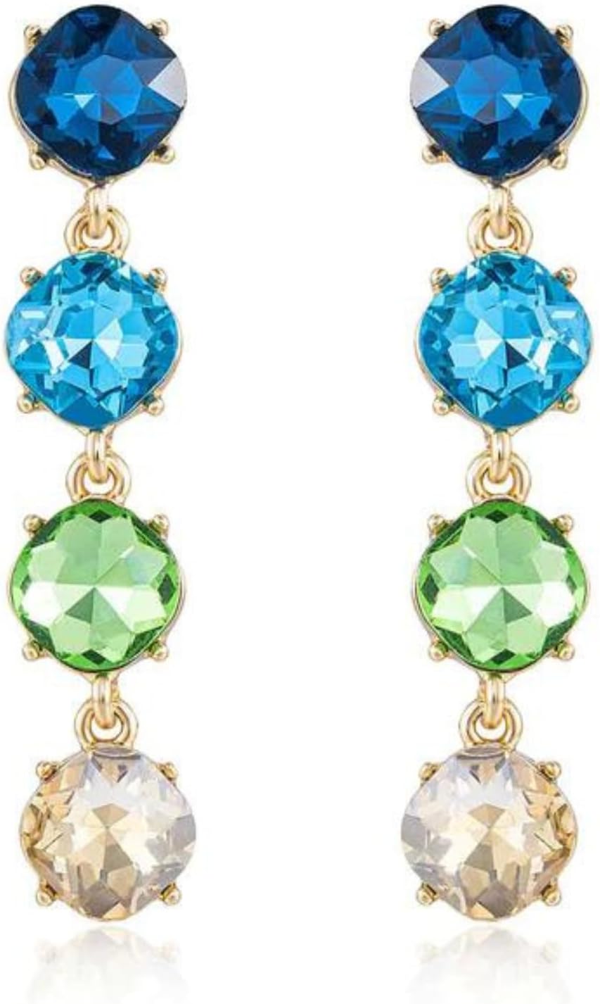 Ettika Four the Money Crystal Earrings. Gold Drop Earrings. Womens Earrings, 18K Gold Plated And Blue Mix Crystals Dangle Earrings