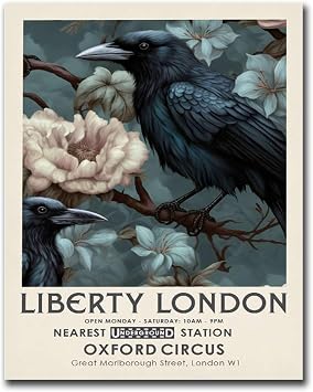 LUCKLYDOUDOU Poster Wall Art Print Liberty London Print Raven Bird Vintage Botanical Floral Print Modern Home and Bedroom Decoration 8x12inch Wood Frame