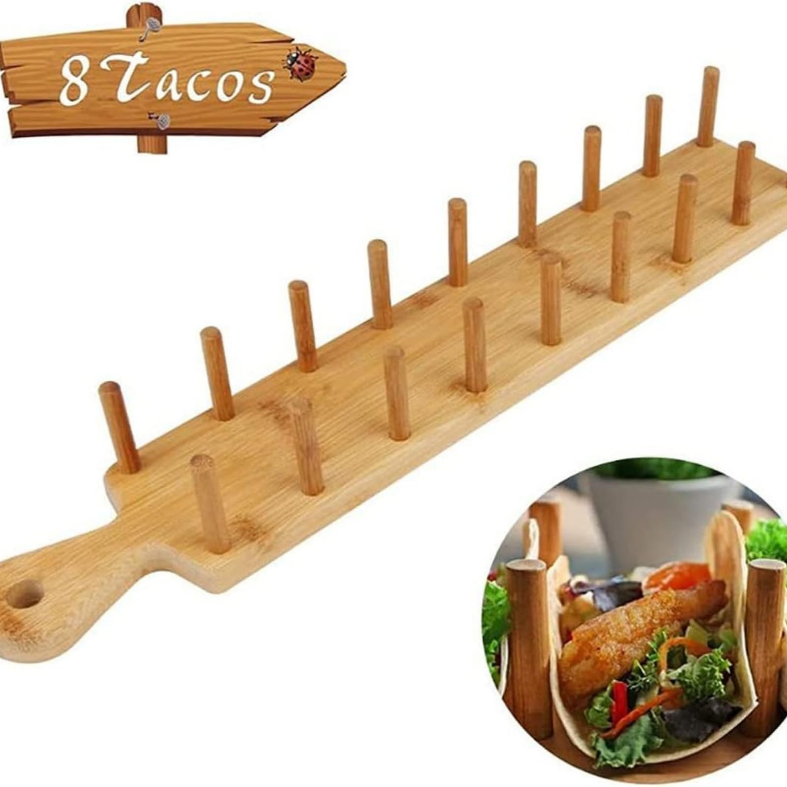 Lot de 4 supports à tacos en bambou avec pince, plateau à tacos avec poignée pouvant contenir 8 tacos à coque souple ou rigide pour charcuterie, nourriture, cuisine, cadeaux, accessoires pour la