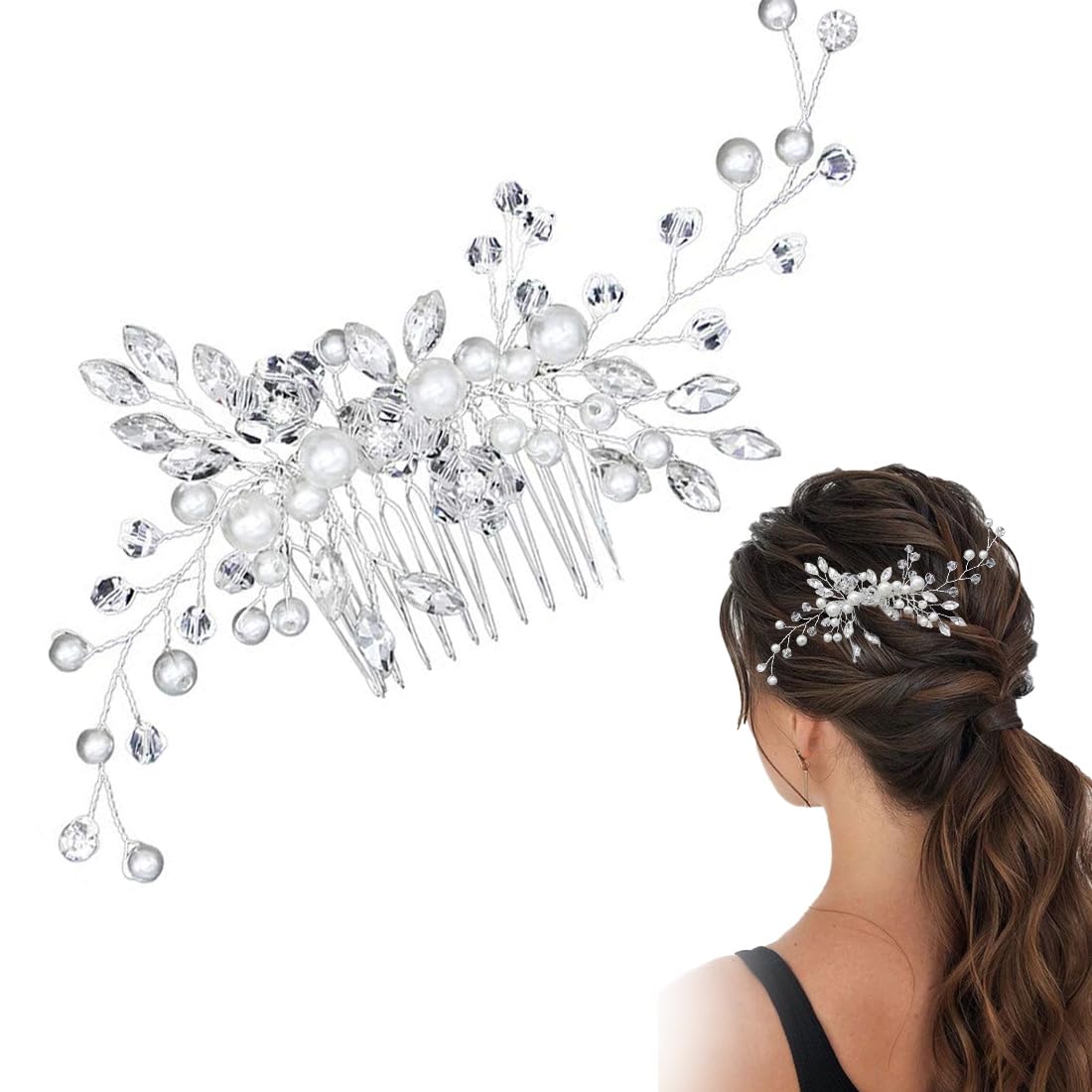 Pettinino per capelli da sposa con perle argentate, accessorio per capelli da sposa, per donne e ragazze