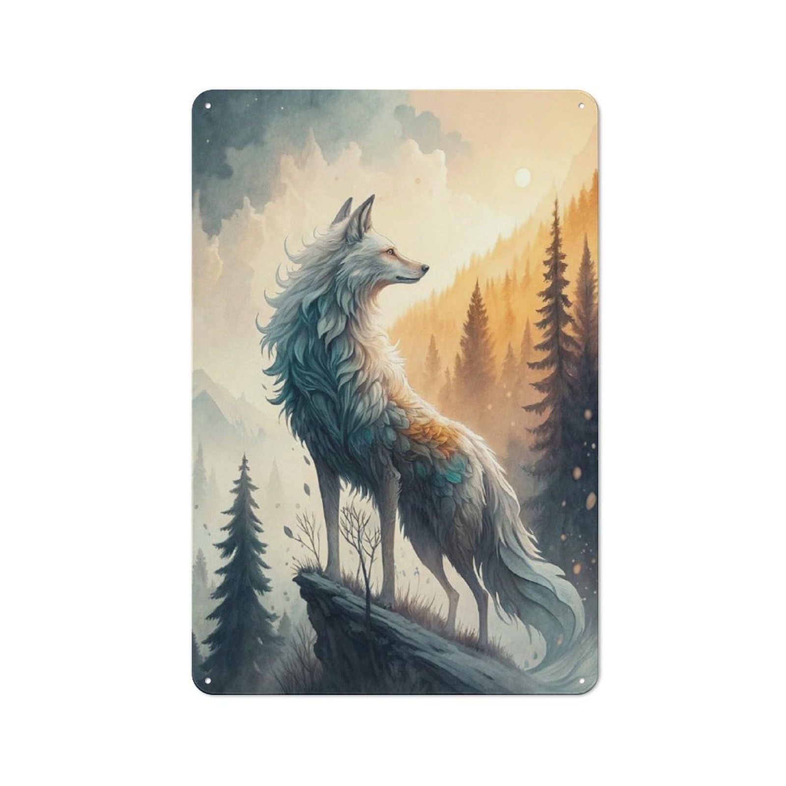 Junmoney Style-10 Modern Retro Metal Wall Art Sign 30X20cm Featuring Majestic Wolf In Mountain Landscape, Urban Room Decor For Flat, Bar, Studio Or Gallery Wall