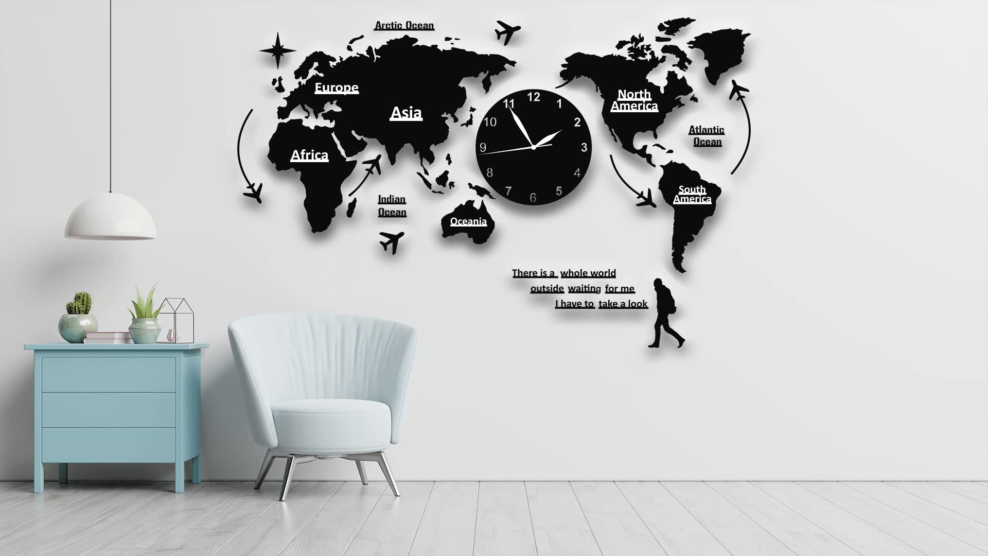 Modern World Map Wall Clock, 3D Acrylic, Silent Quartz Movement, Large Black - 150W cm x 90H cm x 3.81 mm, Enhance Your Living Room, Home, Office Decor with a Stylish Timepiece and Best Item for Gift