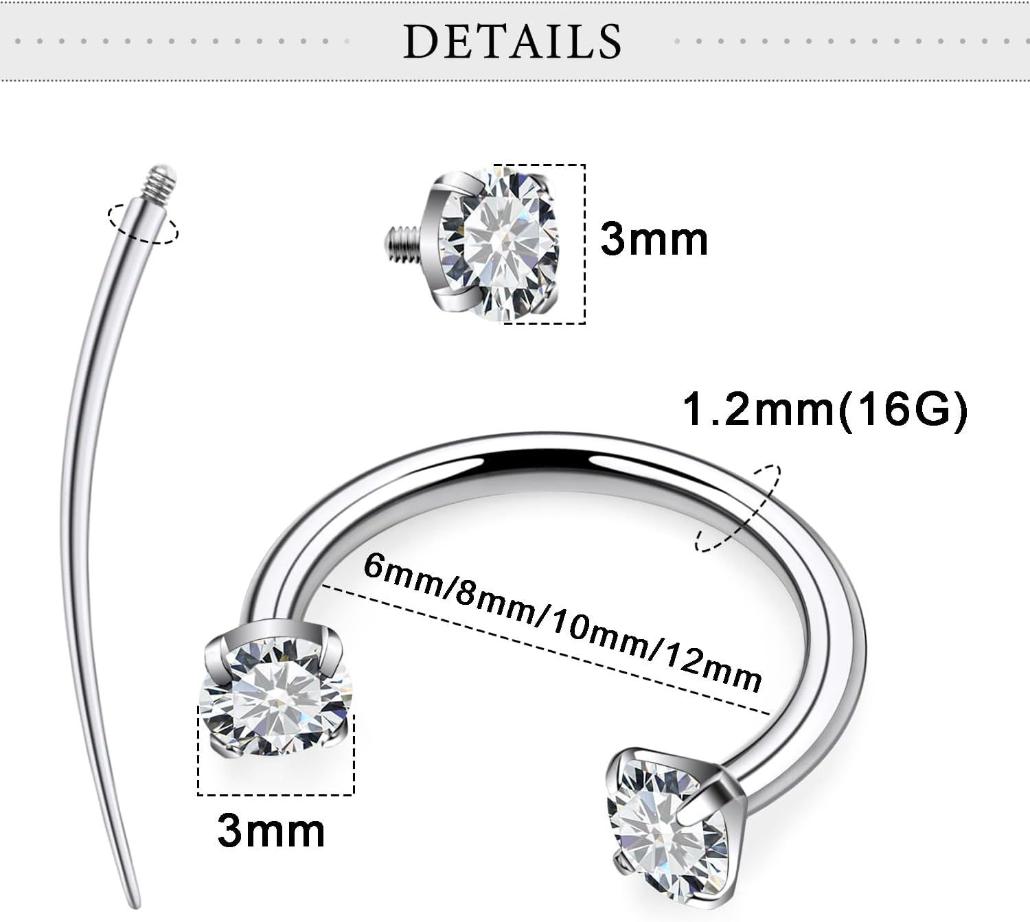 Horseshoe Nose Ring Surgical Steel Double Stud Nose Ring 16G Lip Rings Cubic Zirconia Daith Piercing Jewelry for Women Inner Diameter 6MM/8MM/10MM/12MM 8 Pieces - Image 2