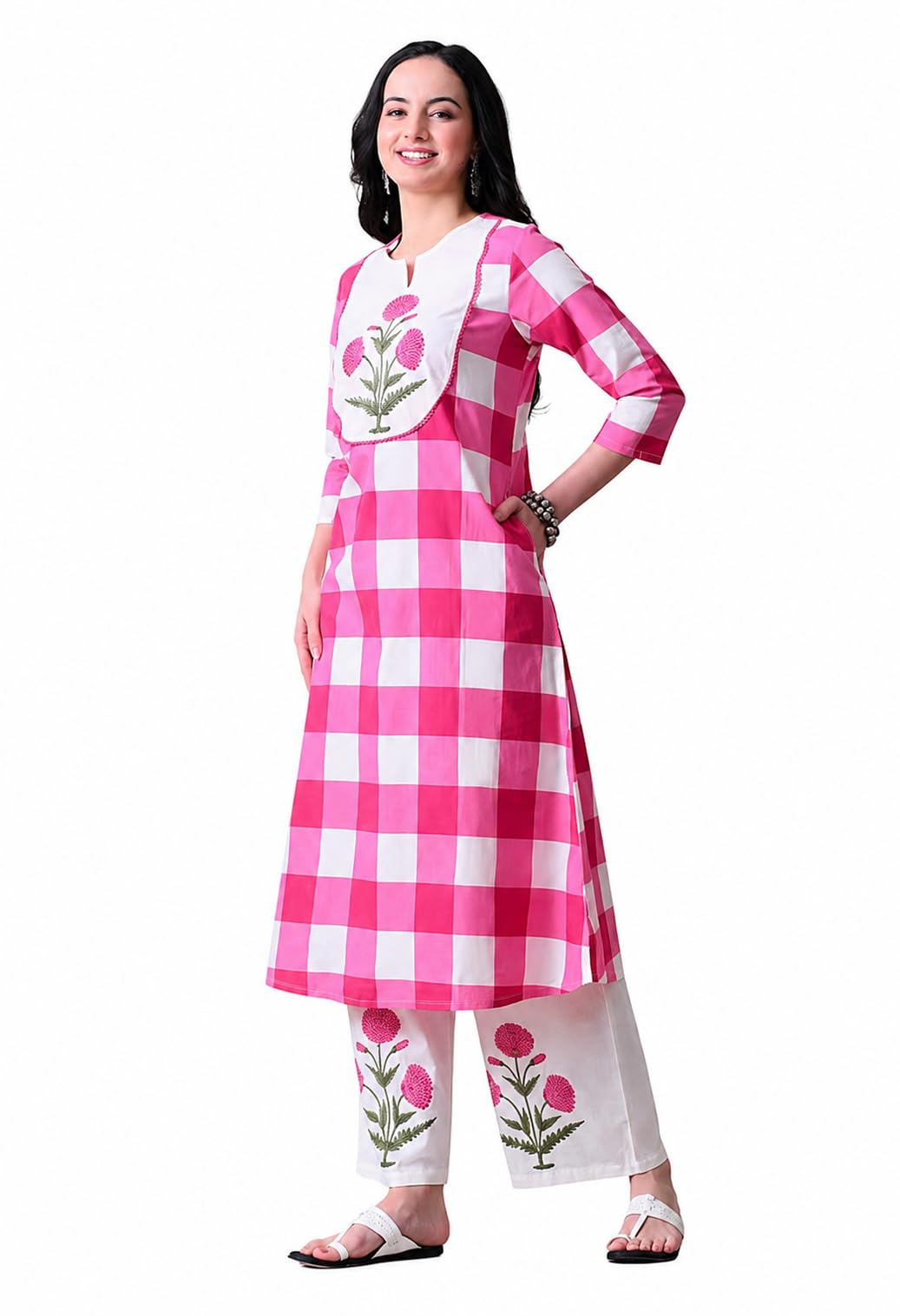 amazon brand - tavasya Women Cotton Slub Kurta Pant Dupatta Set | Checked Printed Kurta with Floral Embroidery | 3 Piece Ethnic Suit Set | Festive, Casual, Office & Daily Wear-picture-36