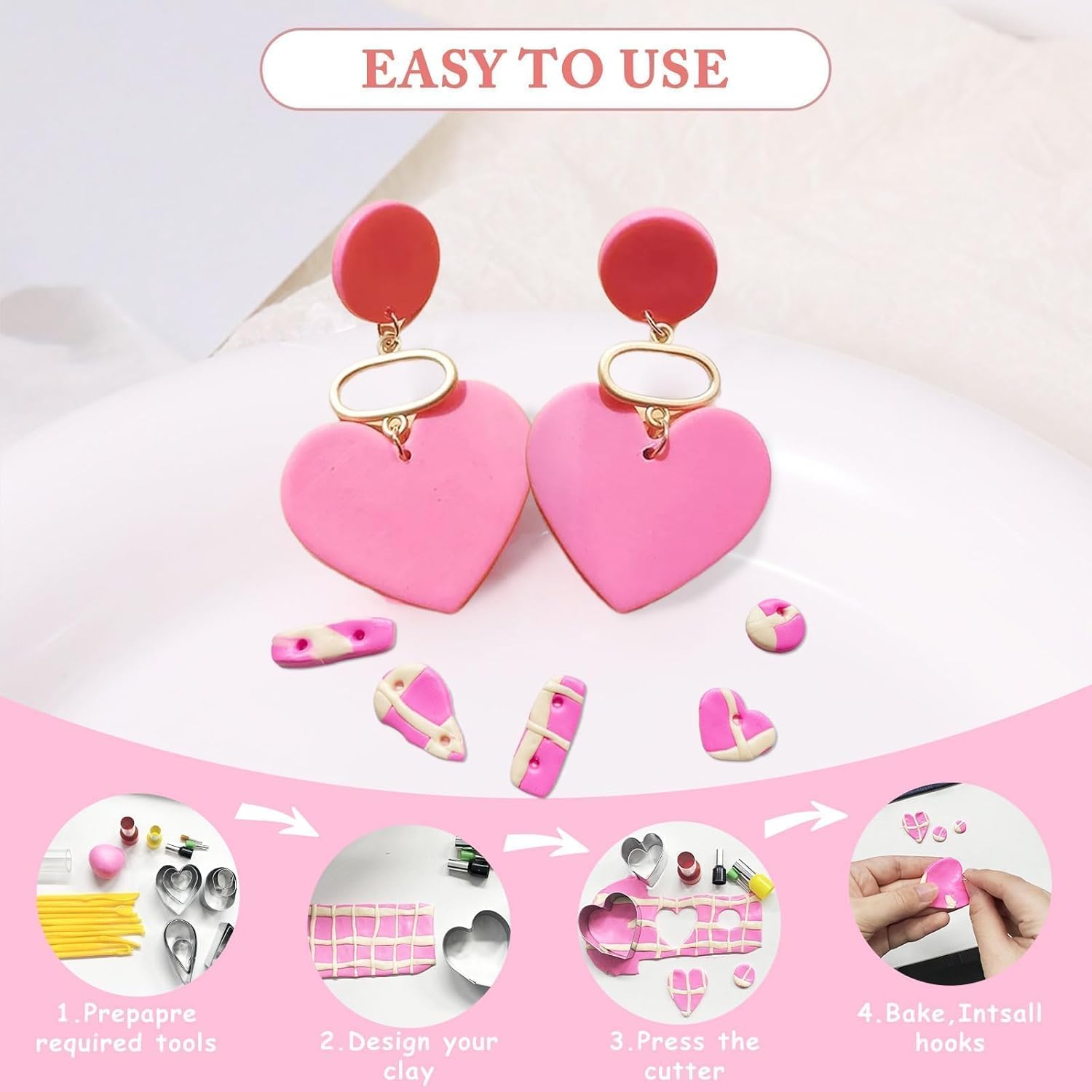 EggSun Polymer Clay Earring Kit & Clay Jewelry Making Kit with Cutters, 500+Pcs Jewelry Craft Supplies with 24 Oven-Bake Colors Cutters Ear Hooks Charms Beads Tools Instructions for Beginners & Adults