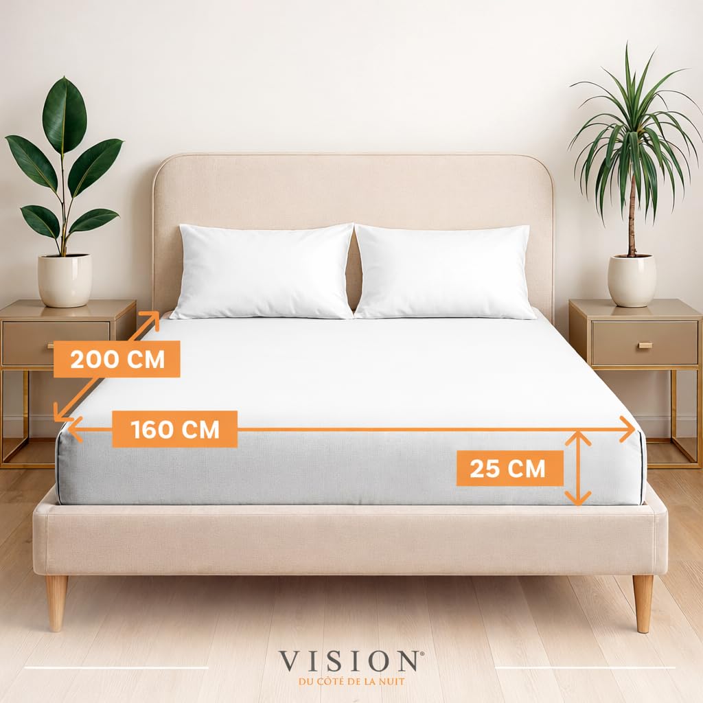 VISION Lenzuolo con angoli - 100% cotone - Letto matrimoniale (160 x 200 cm) - Angoli elasticizzati - Adatto a materassi fino a 25 cm - Certificato Oeko-Tex - Lavabile in lavatrice - Colore: bianco