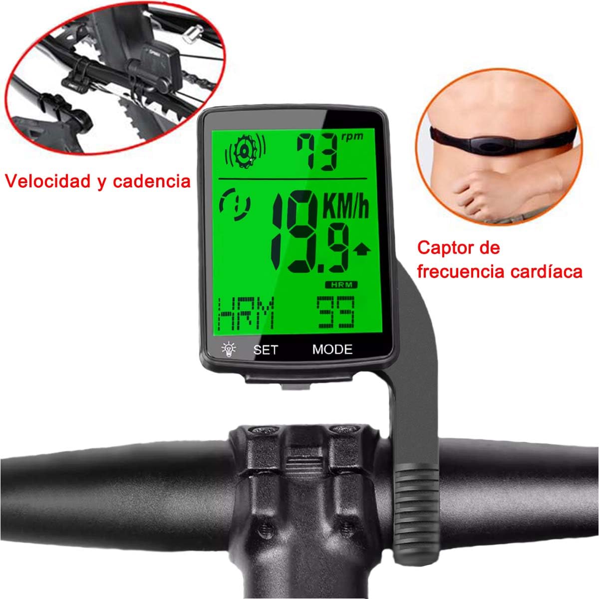 Wireless Tachimetro Bici， Misuratore di frequenza cardiaca, sensore di frequenza a pedale, e tachimetro 3-in-1 cycling equipment, 2.8-inch LCD Computer da Bici con retroilluminazione Computer Bici.