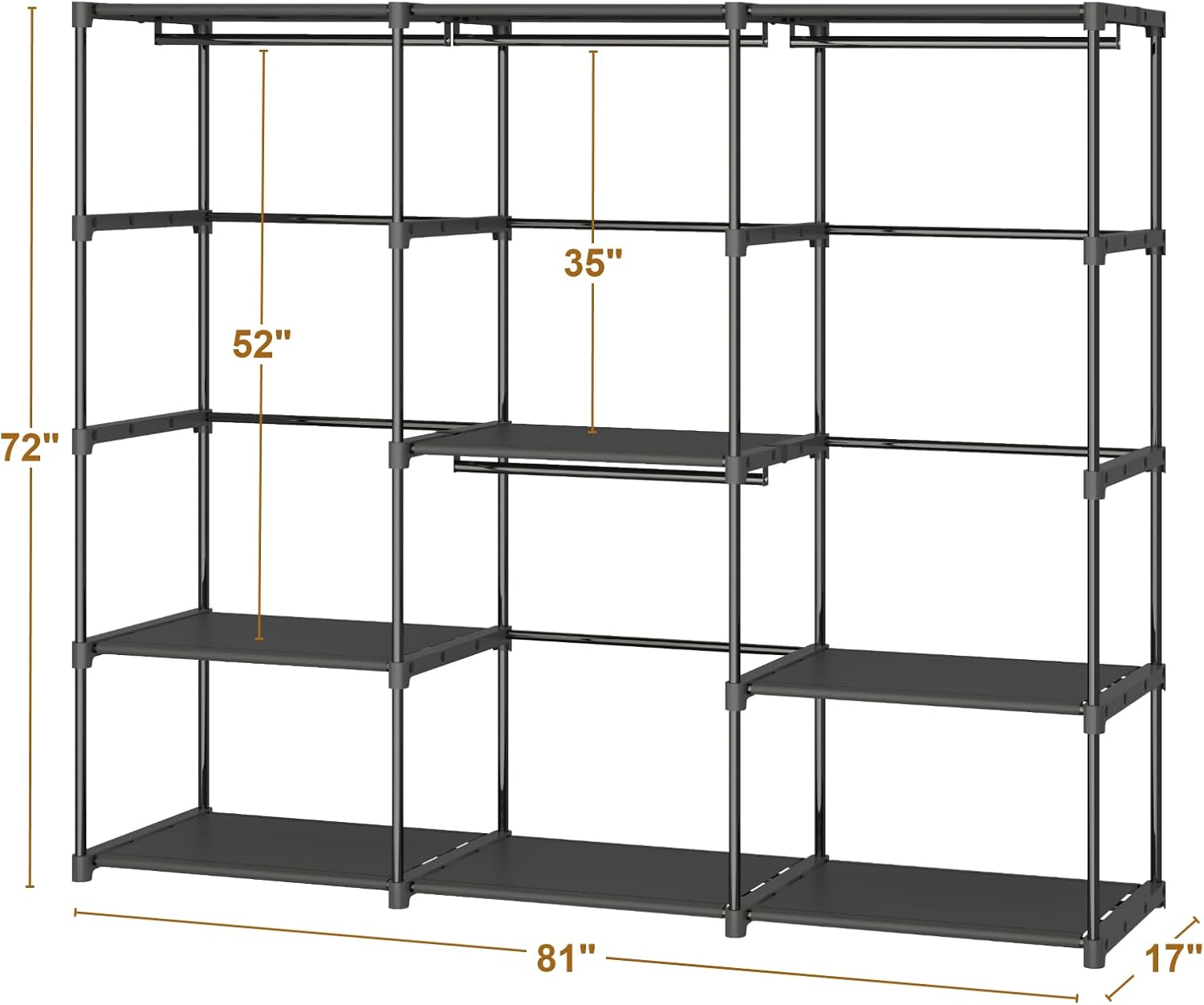 Portable Closet Wardrobe, 81 Inch Wide Clothing Storage Organizer with 9 Shelves and 4 Hanging Rods, Non-Woven Fabric Cover, Large Capacity for Bedroom, Cloakroom, Black Black 81"L x 17"W x 72"H