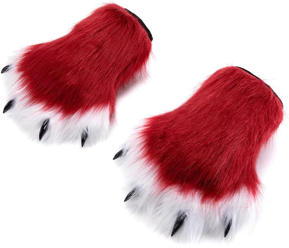 Plush Furry Fur Animal Paws Mittens Nail Glove,Fursuit Cat Fox Wolf Paws Gloves Accessories for Halloween Cosplay