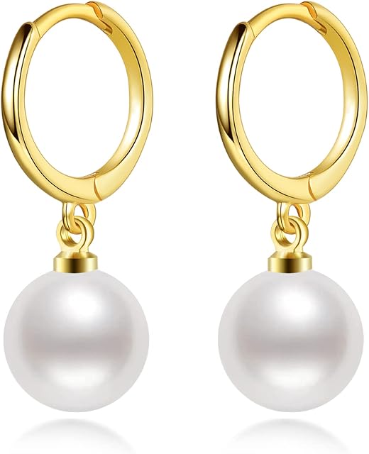 Pearl Drop Earrings for Women, Sterling Silver Pearl Dangle Earrings Hypoallergenic Teardrop Round Pearl Hoop Earrings Jewellery Gifts for Ladies Girls, Silver/Gold