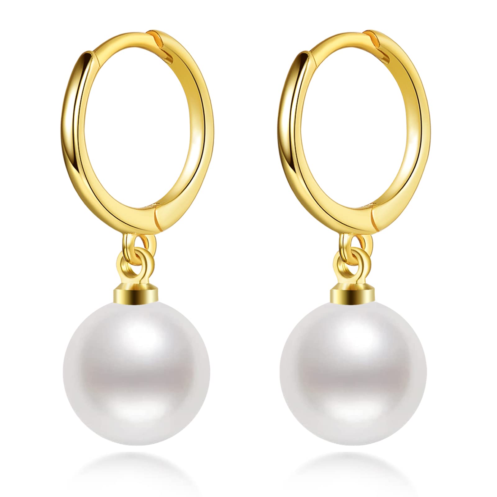 JOPLY Pendientes de gota de perlas para mujer, aretes colgantes de perlas de plata de ley, hipoalergénicos, aretes de aro de perlas redondas, plateado/dorado, Plata de ley