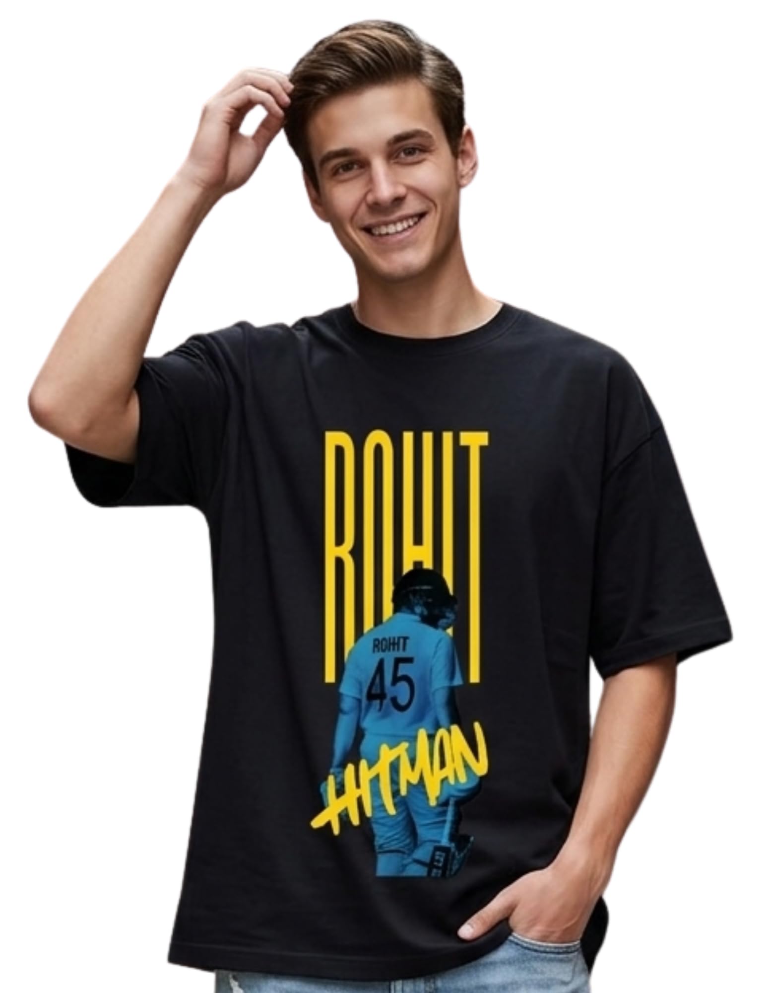 Oversized T Shirt Men Graphic Printed | Rohit Sharma Hitman 45 T Shirt | Cricket Fan Streetwear Loose Fit Cotton Drop Shoulder Tshirt for Men-image-32