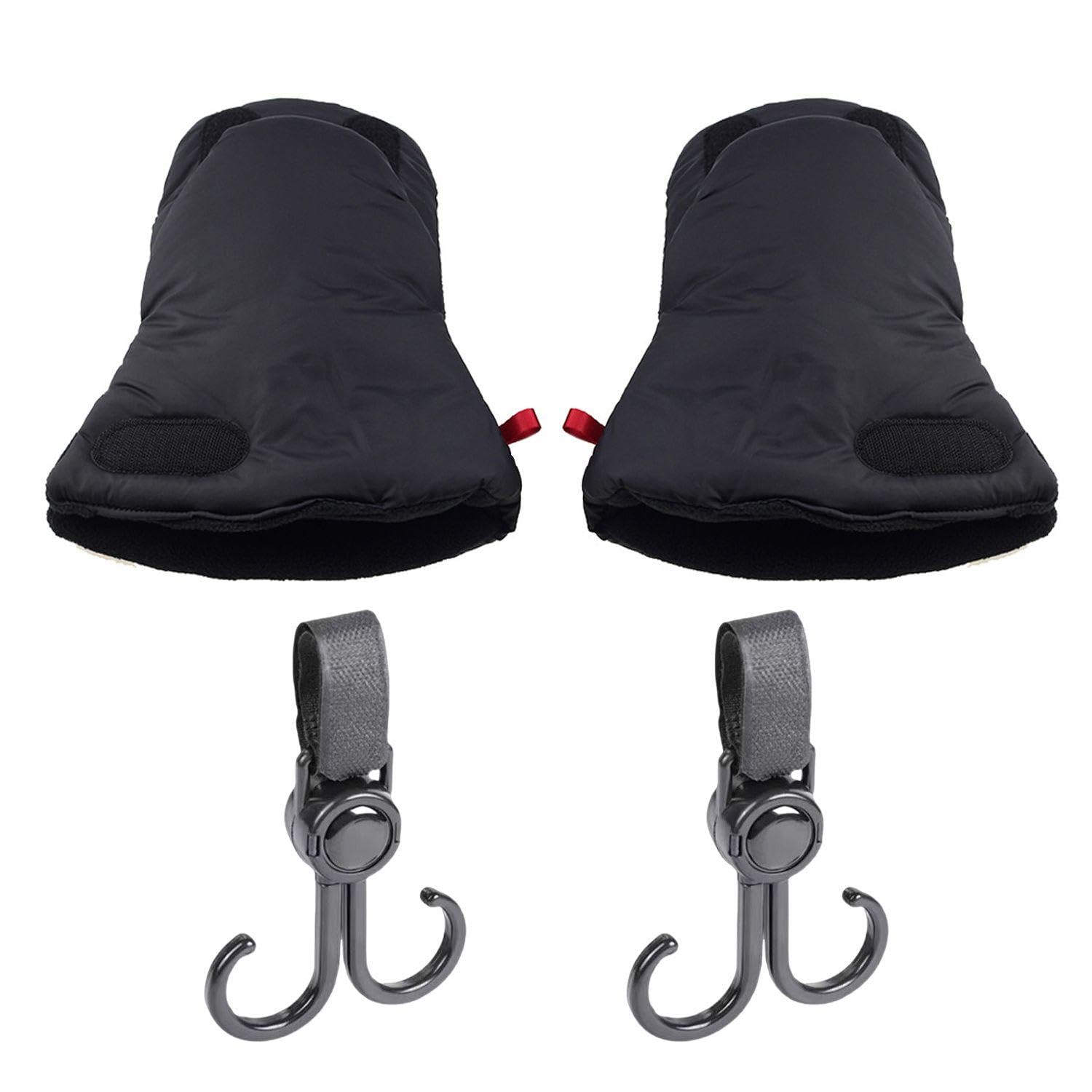1 Pair of Stroller Gloves and 2 Stroller Hooks, Winter Warm Gloves, Waterproof Gloves, Stroller Accessories