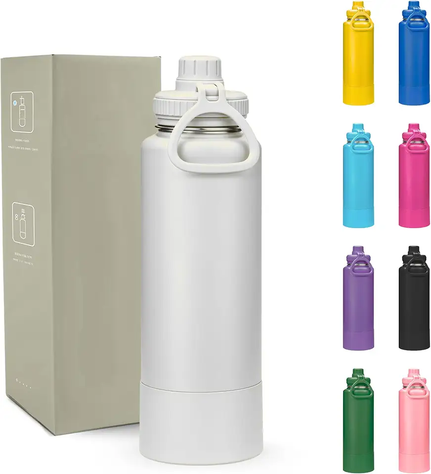 Garrafa Térmica 800ml - Duplamente Isolada, Aço Inox 304, Base Emborrachada Anti Derrapante, Mantém Bebidas Quentes por 12 Horas e Geladas por 24 Horas, (Branco)