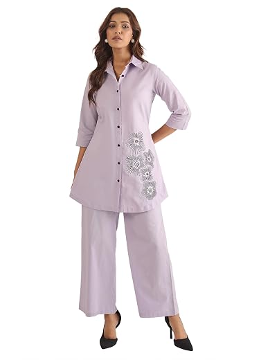 WineRed Women Beige Cotton Embroidered Shirt with Pant Co-ord Set