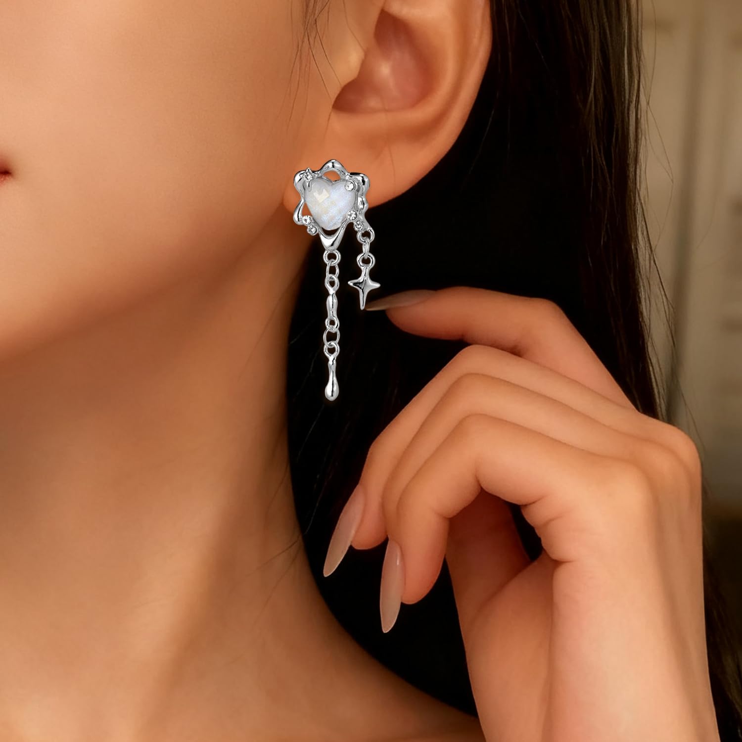 Moonstone Heart Earrings for Women Silver Long Tassel Star Earrings Y2k Jewelry Gothic Dangling Earring